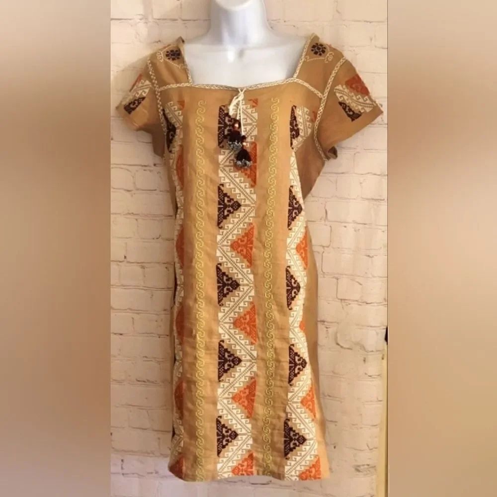 New Calypso St Barth Brown 100% Linen Tunic Dress w/Embroidery Sz.XS MSRP $285